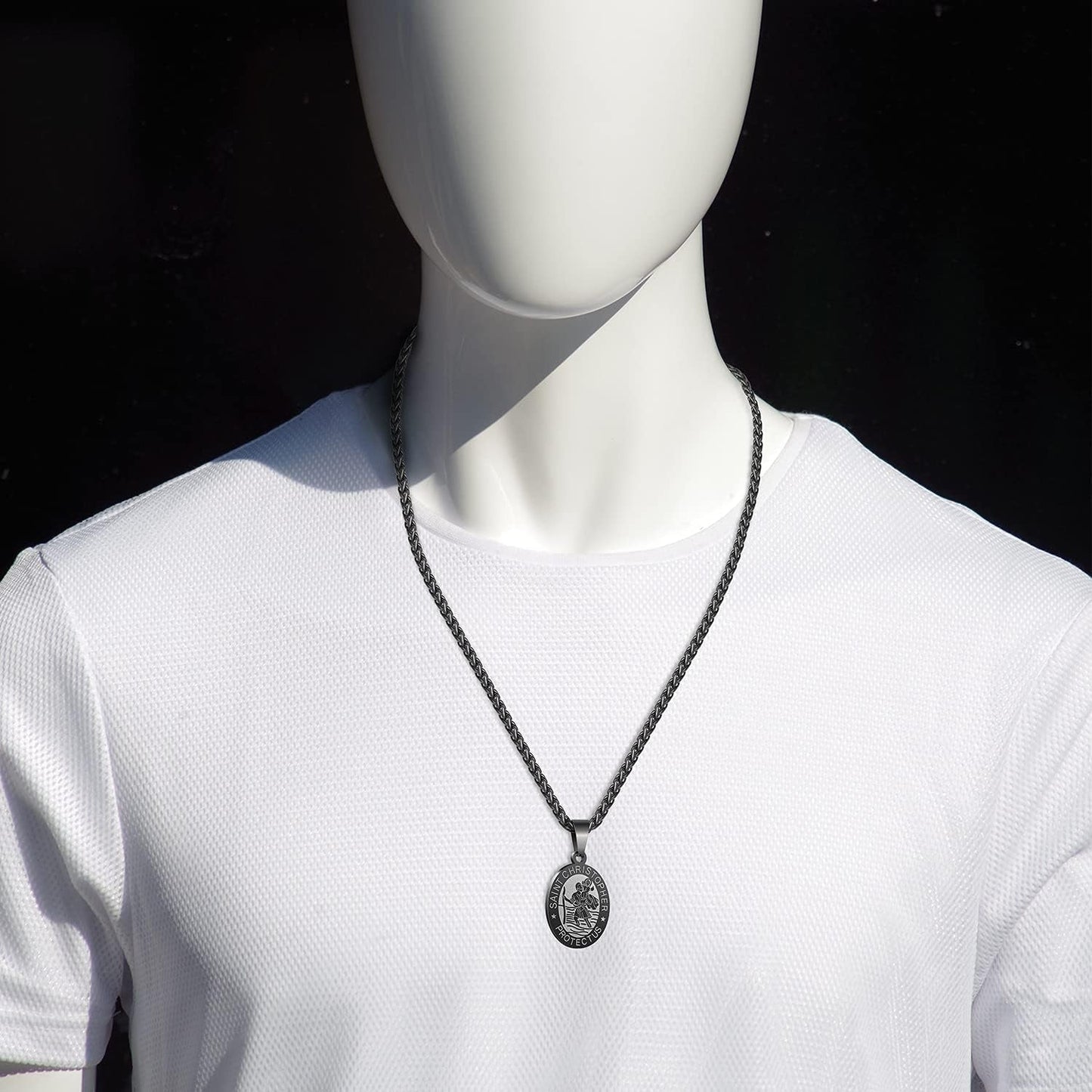 Oval Saint Christopher/Michael/Joseph/Virgin Mary/Florian/Jude Pendant Medal Necklace, Catholic Stainless Steel Wheat Chain 24 Inches