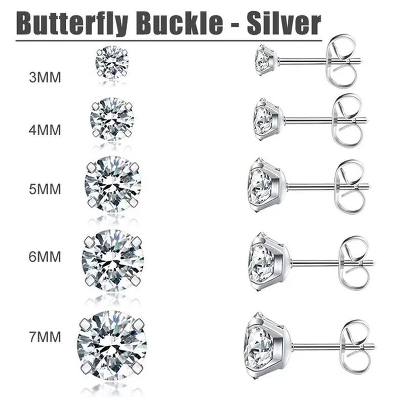 5 Pairs/Set Stainless Steel Mens Womens Stud Earrings Set round Cubic Zirconia Flat Back Earrings Piercing Ear Cartilage Hypoallergenic Men'S Earrings 3-7Mm