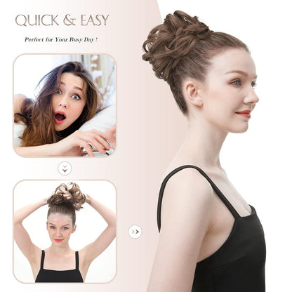 Messy Bun Hair Piece - Elastic Wavy Curly Hair Bun Scrunchies Extensions Synthetic Chignon Hairpieces for Women Girls, Light Golden Brown 1 PCS
