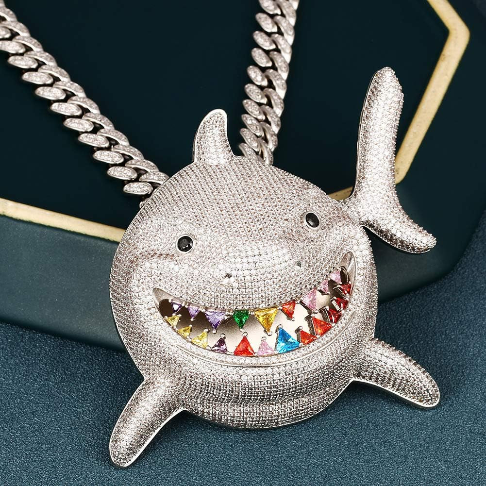Hip Hop Jewelry 18K Gold Plated 3D Large Shark Pendant Iced Out Premium Zircon Fish Animal Creative Necklace with Free Rope Chain