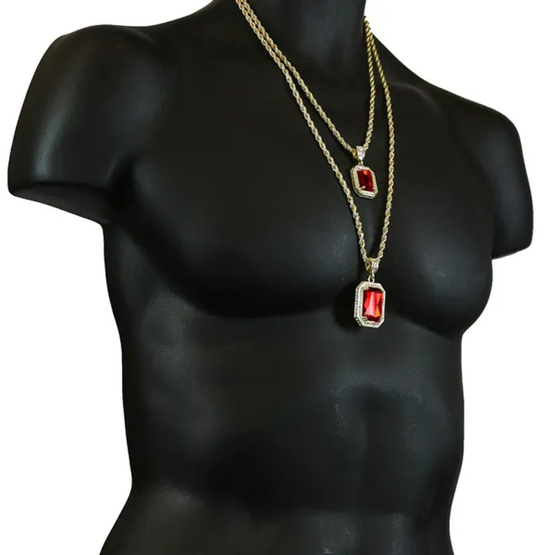Men'S 14K Gold Plated High Fashion 2 Square Simulated Ruby Pendant 4Mm 30" & 24" Rope Chains Necklace - WORLD TIME VISITS