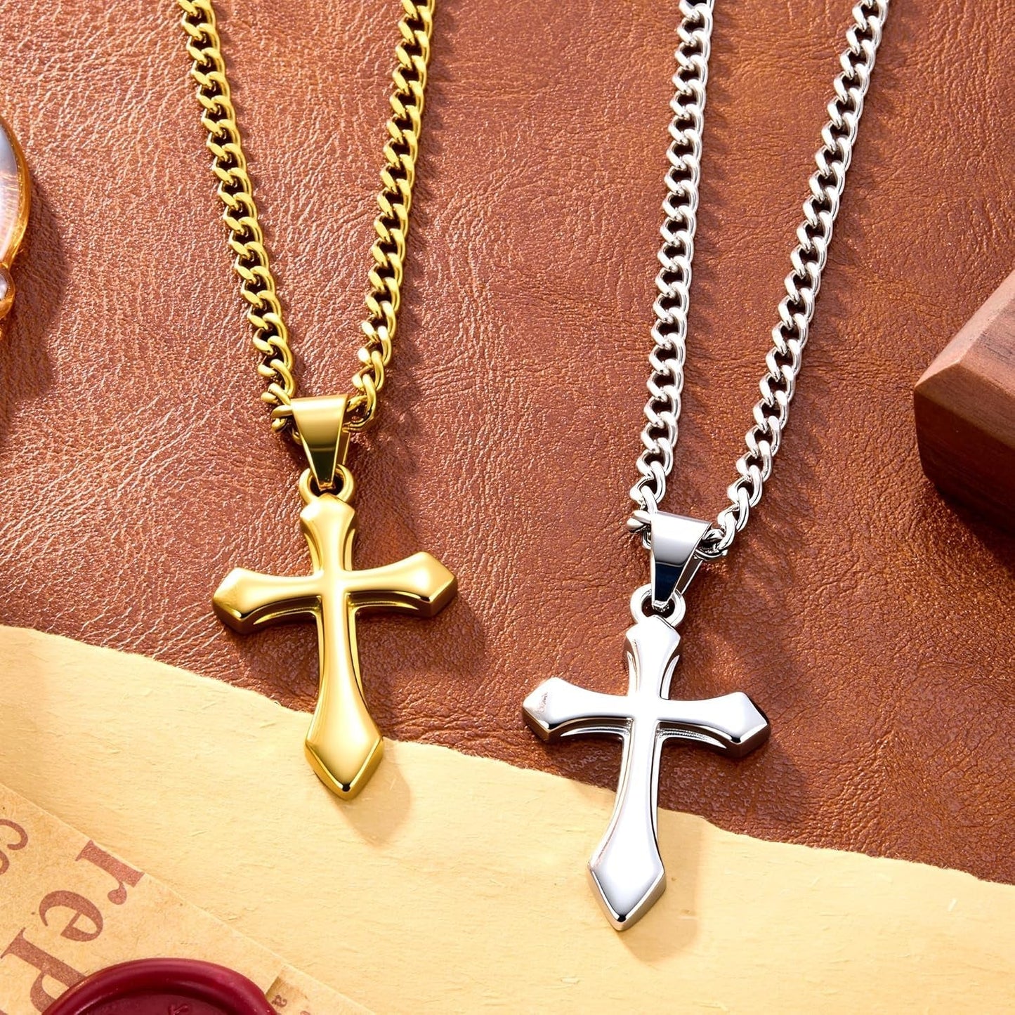Gold Cross Necklace for Men,14K Gold Plated Cross Pendant Necklace Cuban Chain Stainless Steel Cross Necklace Faith Cross Jewelry Gift Minimalist Trendy Pendant Necklaces