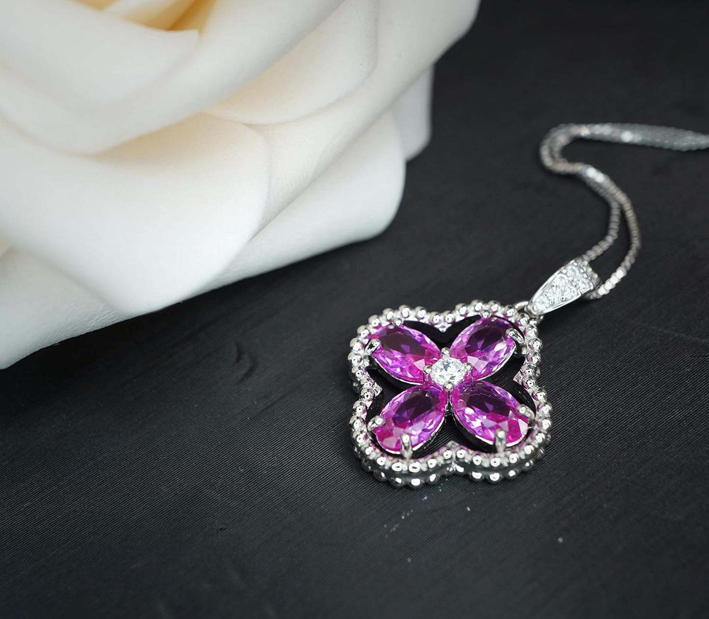 Pink Sapphire Jewelry Fuchsia Four Leaf Clover Pendant Green Peridot Necklace 18Kgp @ 925 Sterling Silver Adjustable Chain Ruby Aquamarine Amethyst Emerald Blue Sapphire Sunstone (Pink Sapphire)