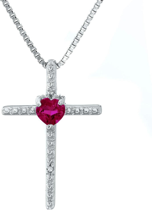 Lavari - Heart Gemstone and Diamond Sterling Silver Cross Pendant 18"…