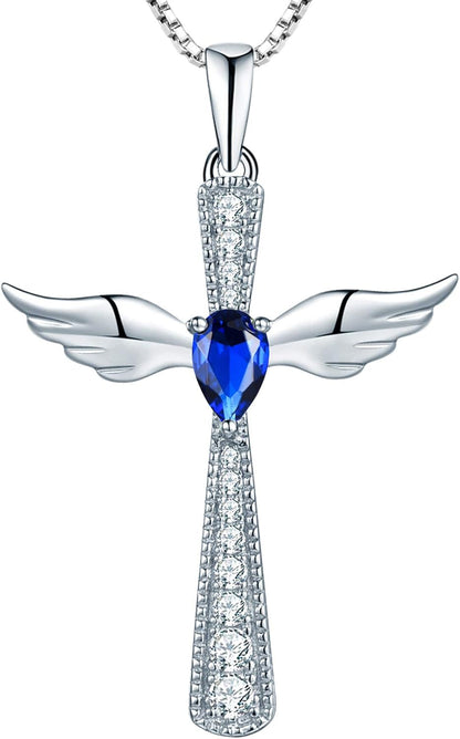 Cross Necklace 925 Sterling Silver Angel Wings Pendant Teardrop Birthstone Criss Jewelry for Women