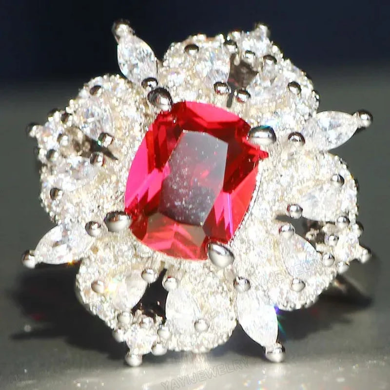 Gorgeous Silver Natural Gemstones White Sapphire & Ruby Ring Wedding Birthstone Bride Engagement Multilevel Square Ring Jewelry Size 6 7 8 9 10