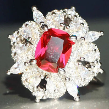 Gorgeous Silver Natural Gemstones White Sapphire & Ruby Ring Wedding Birthstone Bride Engagement Multilevel Square Ring Jewelry Size 6 7 8 9 10