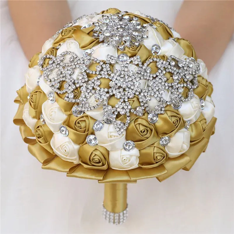 21CM Creative Handmade Diamond Flower Brooch Bouquet Ribbon Silk Rose Wedding Flower Bridal Bouquet Bridesmaid Holding Flowers - WORLD TIME VISITS
