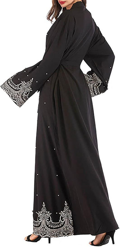 Women Muslim Dress Middle East Arabian Robe Islamic Abaya Long Sleeve Rhinestones Embroidered Cardigan Dress