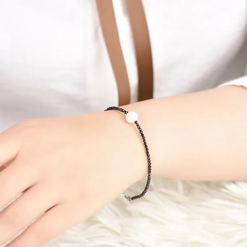 Natural Black Spinel 2mm&Freshwater Pearl 8mm S925 Silver Women Bracelet Gift