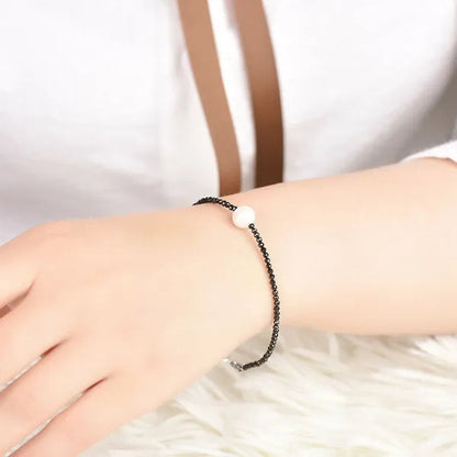 Natural Black Spinel 2mm&Freshwater Pearl 8mm S925 Silver Women Bracelet Gift