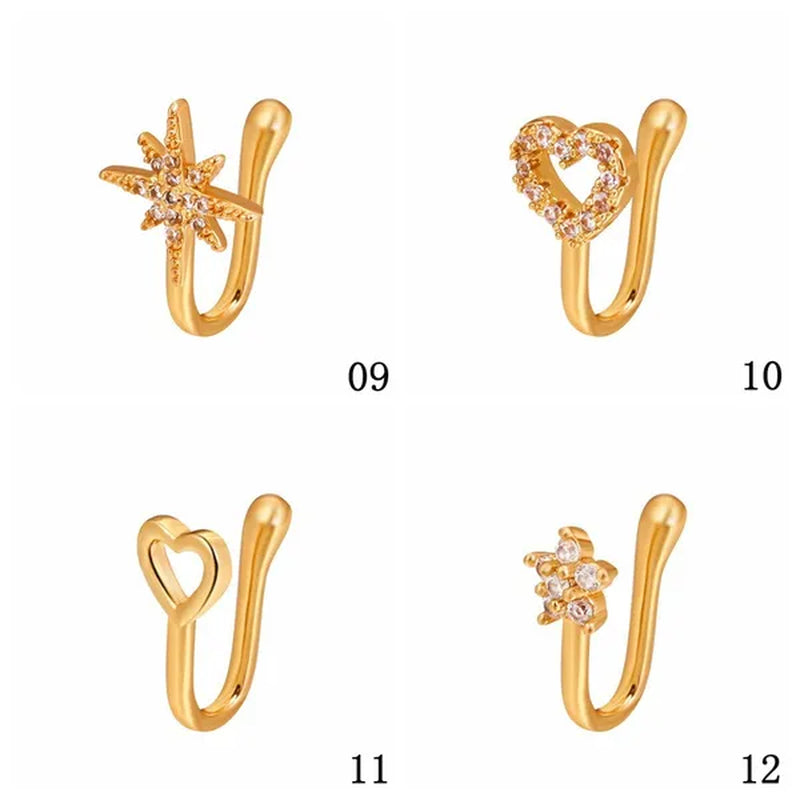 1 PC Crystal Diamond Zircon Star Heart Moon Fake Piercing Nose Ring Copper Spiral Non Piercing Clip on Nose Ring Ear Clips Cuff Fashion Body Jewelry