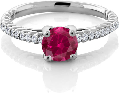 925 Sterling Silver Red Created Ruby and White Moissanite Engagement Ring for Women (1.73 Cttw, round 7MM, Available in Size 5, 6, 7, 8, 9) - WORLD TIME VISITS