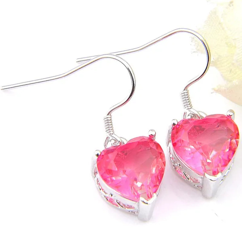 Heart Cut Shine Dazzling Pink Fire Bi-Colored Tourmaline Gemstone Silver Dangle Earrings Pendant Necklaces Jewelry Sets for Women Wedding Holiday Friends