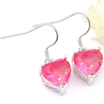 Heart Cut Shine Dazzling Pink Fire Bi-Colored Tourmaline Gemstone Silver Dangle Earrings Pendant Necklaces Jewelry Sets for Women Wedding Holiday Friends