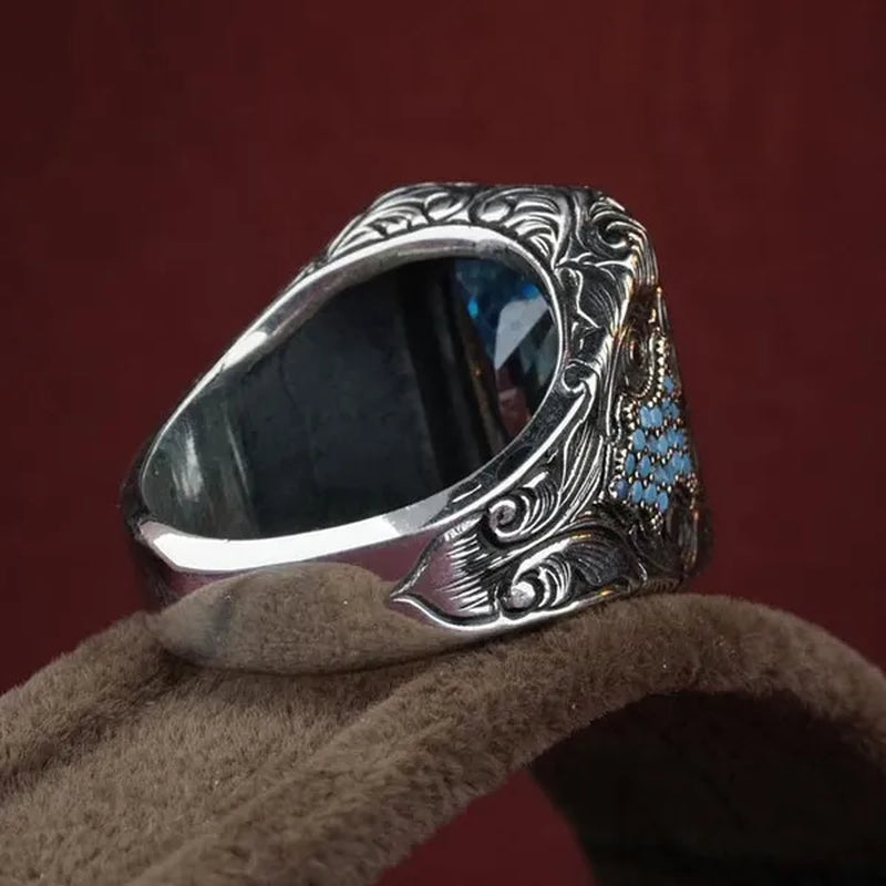 Classic Fashion Men's Ring Cutting 4.6 Carat Blue Stone Ring Noble Family Engagement Anniversary Gift Size 6-13