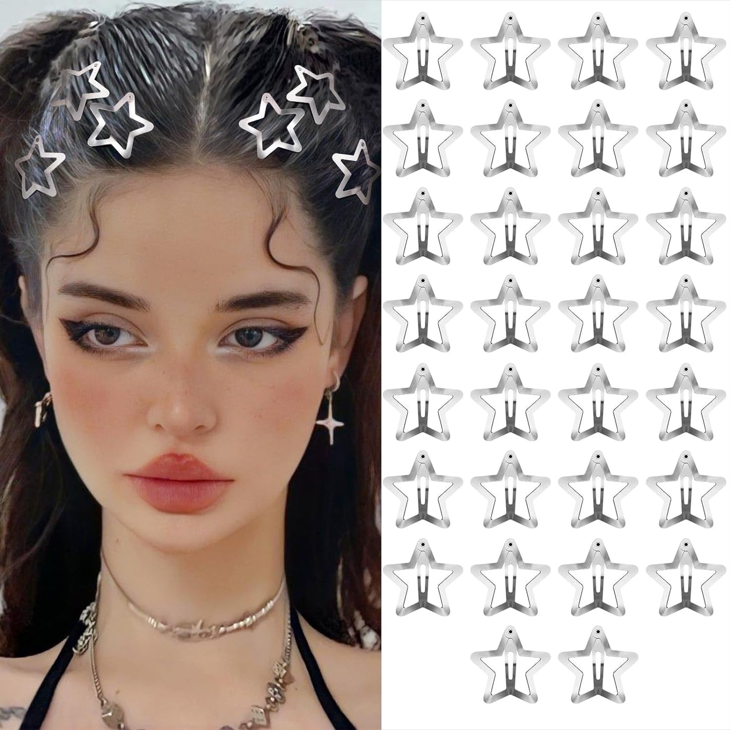 Star Hair Clips 2000S Y2K Snap Hair Barrettes Non Slip Star Hair Accessories Silver Metal Hair Clips for Girls Women -30 PCS 1.57"