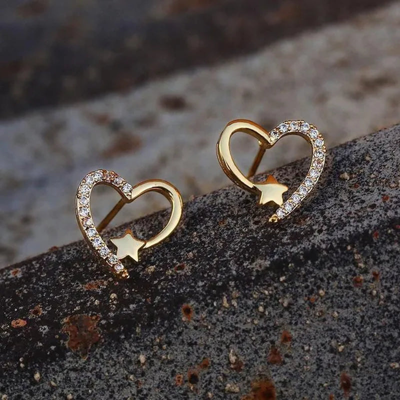 14K Gold Love Heart Star White Zircon Stud Earrings for Women Wedding Engagement Bride Jewelry Gift