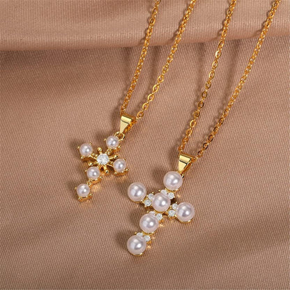 Pearl Cross Necklace Religion Faith Protection Jewelry for Women Inspirational Baptism Gifts 18K Gold Plated Chain