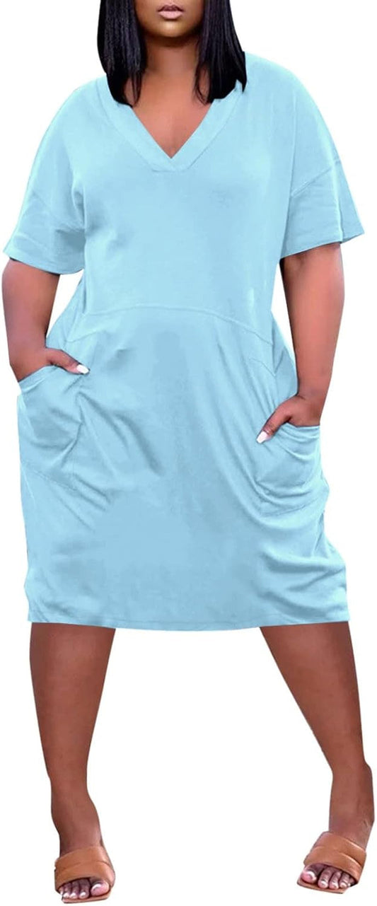 Plus Size Dresses for Curvy Women 2024 Summer Casual Short Sleeve Tshirt Midi Dress with Pockets Beach Vacation Dress - WORLD TIME VISITS