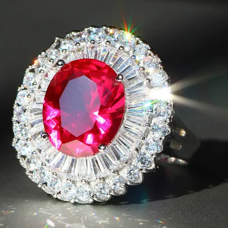 Luxurious Silver Natural Gemstones Ruby and White Sapphire Wedding Birthstone Bride Engagement Multilevel Square Ring Jewelry Size 6 7 8 9 10