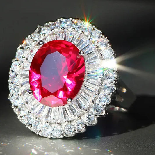 Luxurious Silver Natural Gemstones Ruby and White Sapphire Wedding Birthstone Bride Engagement Multilevel Square Ring Jewelry Size 6 7 8 9 10