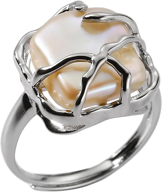 Irregular Pearl Ring for Women 18K Gold Baroque Pearl Ring Silver Geometrical Statement Ring Fashion Wedding Jewelry Gifts for Women Girls