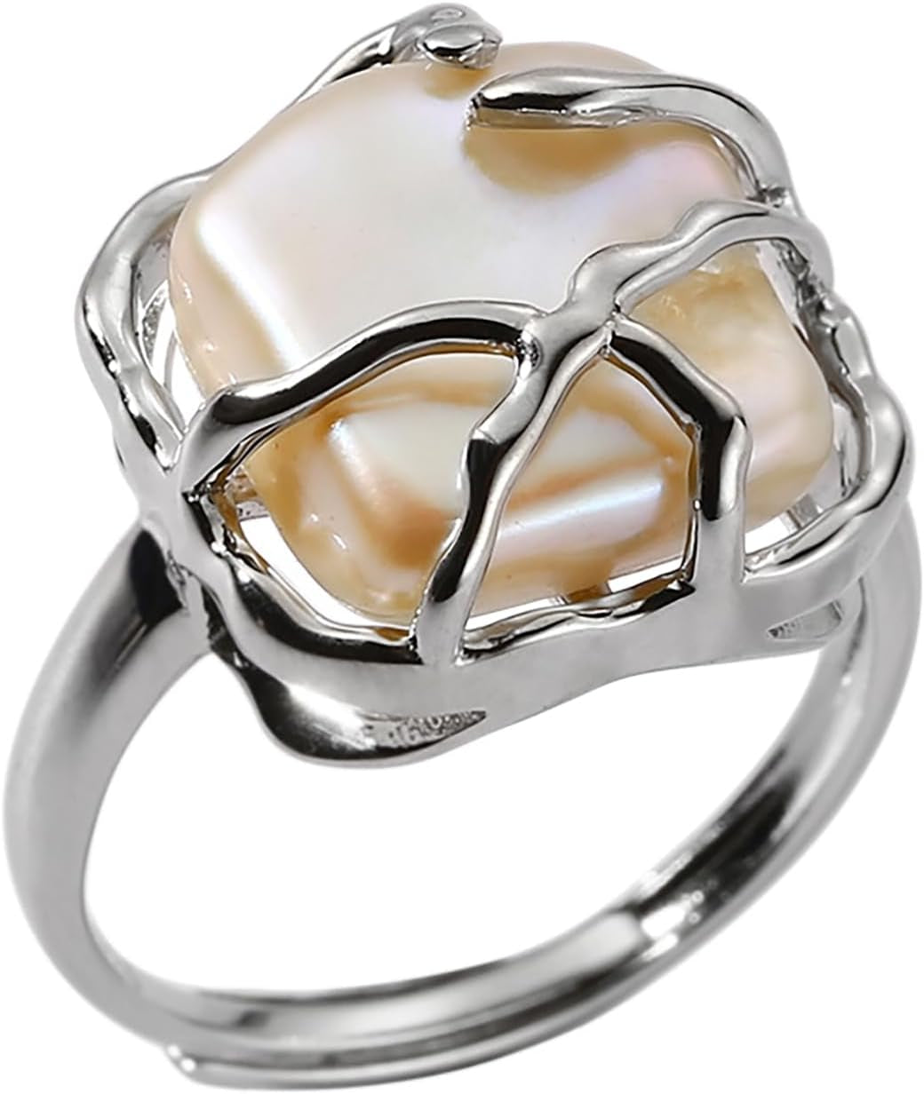 Baroque 18K Gold Pearl Statement Ring - Adjustable Chunky Pearl Wedding Jewelry for Women