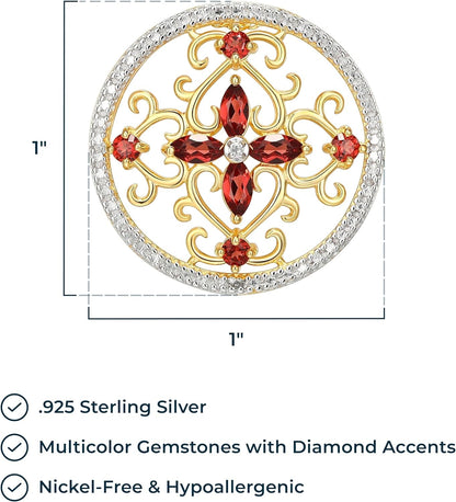 18K Yellow Gold-Plated .925 Sterling Silver Diamond-Accented Gemstone Floral Filigree Cross round 1" Pendant Necklace on 18" Chain - Choice of Birthstones