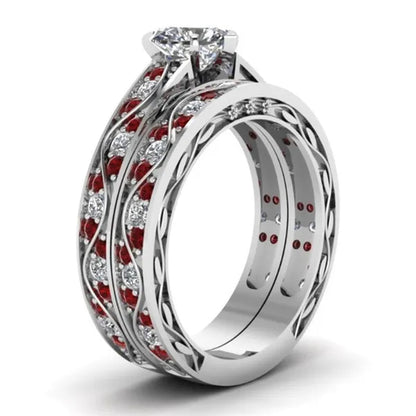 Exquisite Heart White Sapphire Wedding Ring Ruby Bridal Engagement Ring Set Wedding Band Anniversary Promise Jewelry Gift