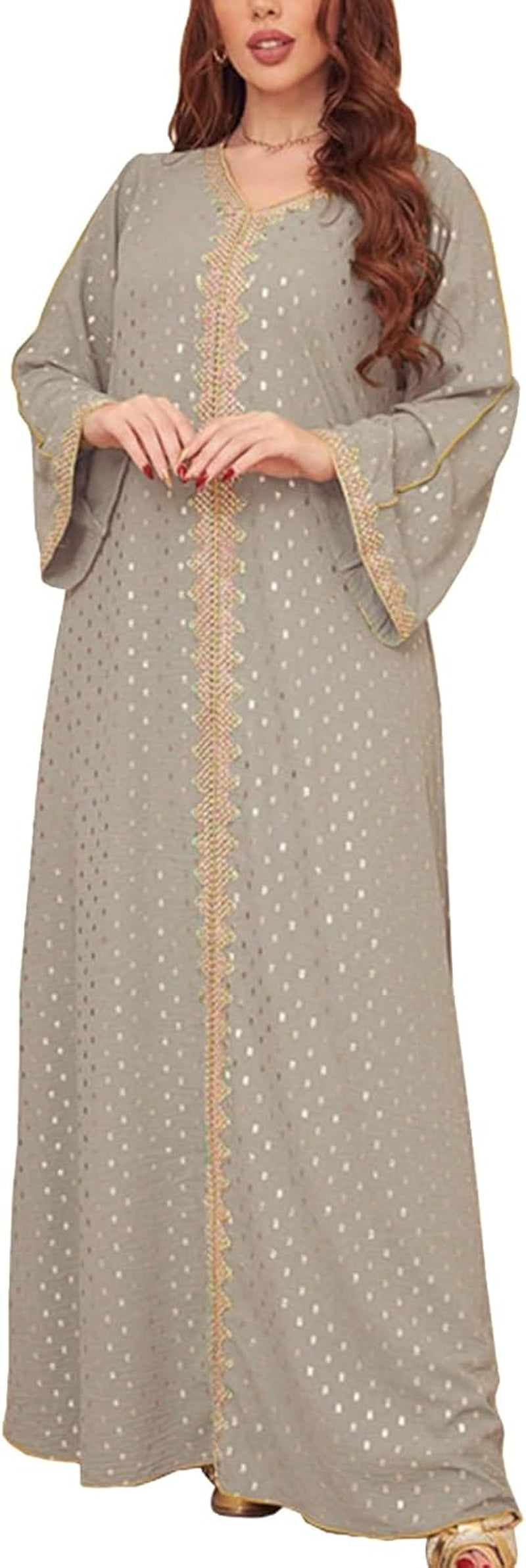 Women'S Muslim Abaya Dress V Neck Bronzing Long Sleeves Elegant Prayer Wear Daily Casual Dress
