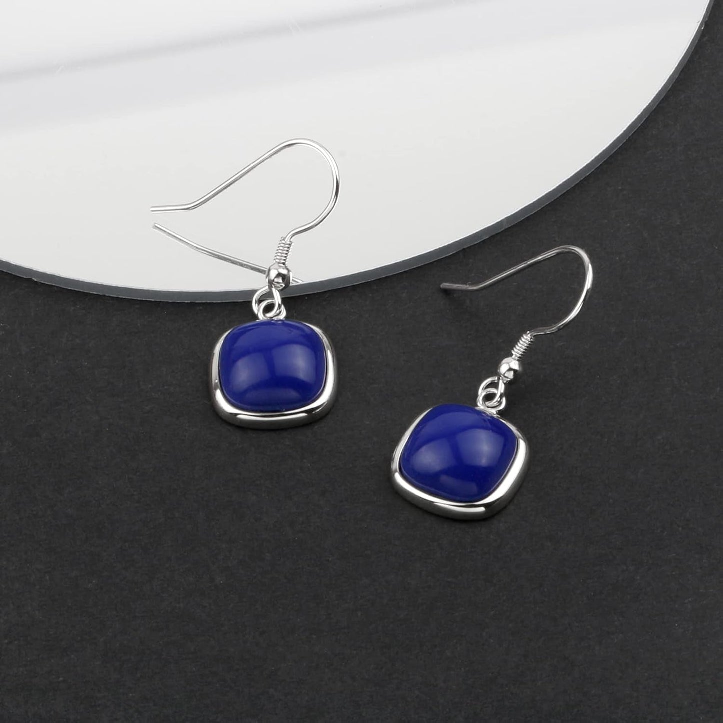 Sterling Silver Square Cabochon Blue Lapis Lazuli Earrings for Classy Women