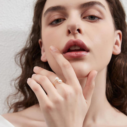 Minimalist Open Rings Adjustable Crystal Pearl Jewelry Anniversary Gifts for Her (Double Laps) (Crystal Pearls)