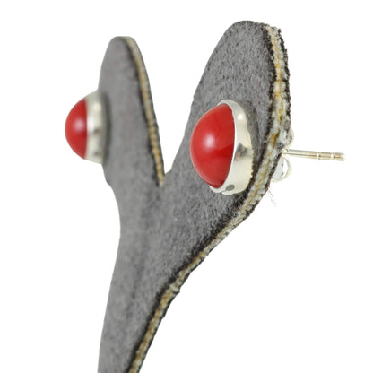 Sterling Silver 925 round 9.8Mm Natural Red Coral Tiny Handmade Stud Earrings for Women