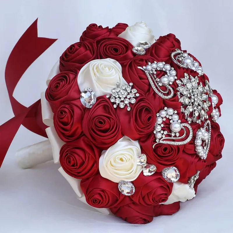 Exquisitely Handmade Ribbon Diamond Bridesmaids Holding Flowers 21CM Pearl Rhinestone Brooch Bridal Bouquet Artificial Silk Rose Wedding Flower Bouquet