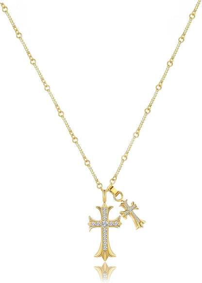 Cross Necklace 14K Gold Plated/Sterling Silver Double Cross Pendant Cz,Cubic Zirconia Cross Necklaces for Women Men Jewelry Birthday Gifts
