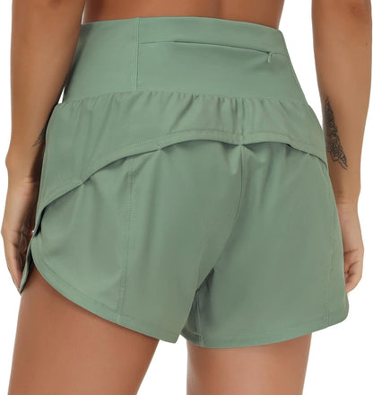 Womens High Waisted Running Shorts Quick Dry Athletic Workout Shorts with Mesh Liner Zipper Pockets - WORLD TIME VISITS
