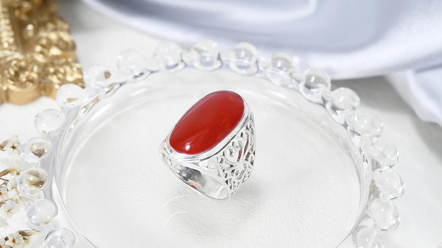Bold Lrg Oval Reconstructed Red Coral Intricate Heart Filigree .925 Sterling Silver Ring