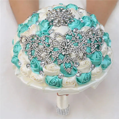 21CM Creative Handmade Diamond Flower Brooch Bouquet Ribbon Silk Rose Wedding Flower Bridal Bouquet Bridesmaid Holding Flowers