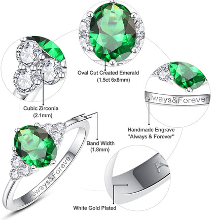1.5Ct Oval-Cut Engagement Ring for Women White Gold Plated Engraved Always & Forever Created Emerald/Sapphire/Amethyst/Cubic Zirconia Engagement Ring Promise Wedding Ring Size 5-9