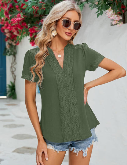 Womens Dressy Casual Blouses Short Sleeve V Neck Business Tops Summer Ladies Trendy Boho Office Work Shirts