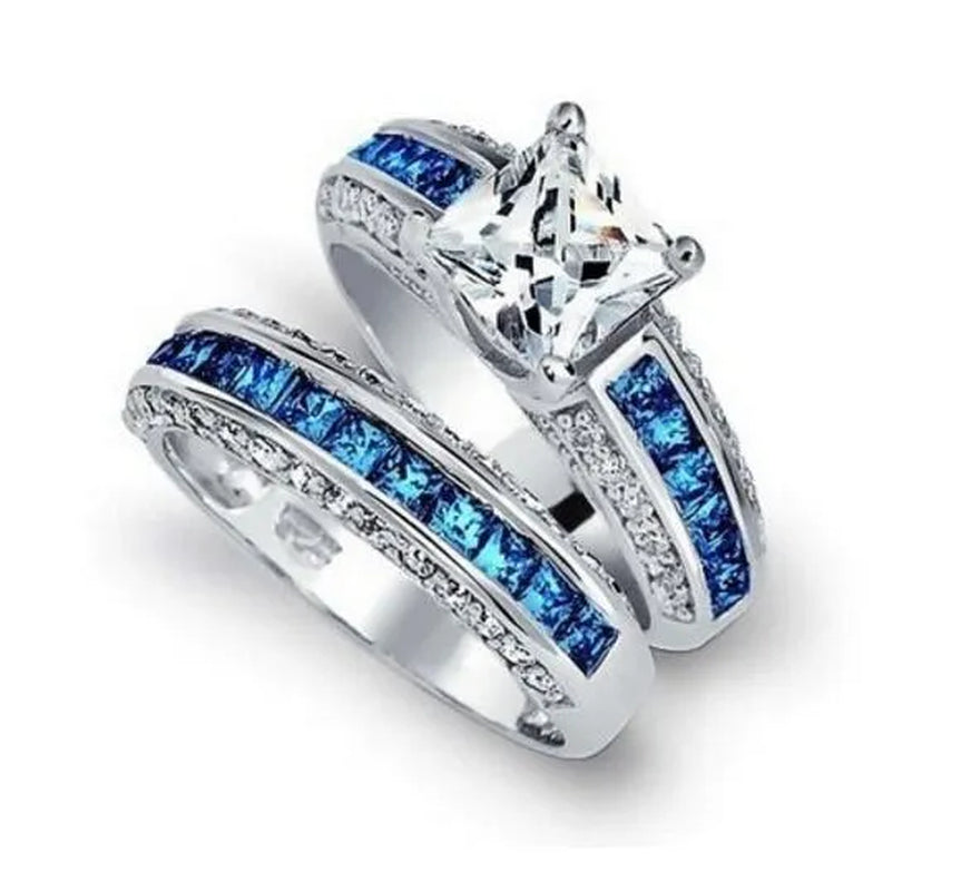 2Pcs/Set Princess Luxury 925 Silver Plated Amethyst CZ Gemstones Wedding Set Rings Size 6-11  (Choice Color and Size )