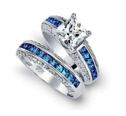 2Pcs/Set Princess Luxury 925 Silver Plated Amethyst CZ Gemstones Wedding Set Rings Size 6-11  (Choice Color and Size )