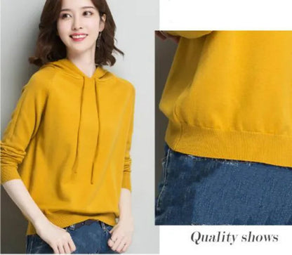 6 Colors Women Fashion Wool Pure Cashmere Casual Hooded Drawstring Pull Pullovers Plus Size S-XXL