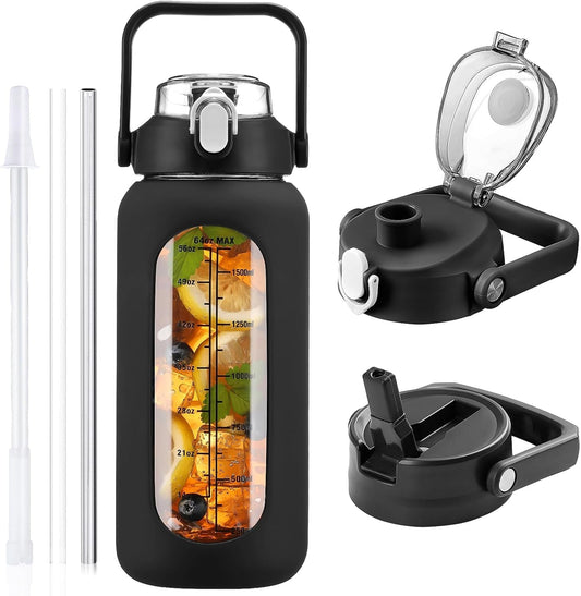 64 Oz Glass Water Bottle with Straw and 2 Lids, Half Gallon Water Bottle with Sleeve, Large Insulated 2 Liter Glass Water Jug Time Marker with Handle
