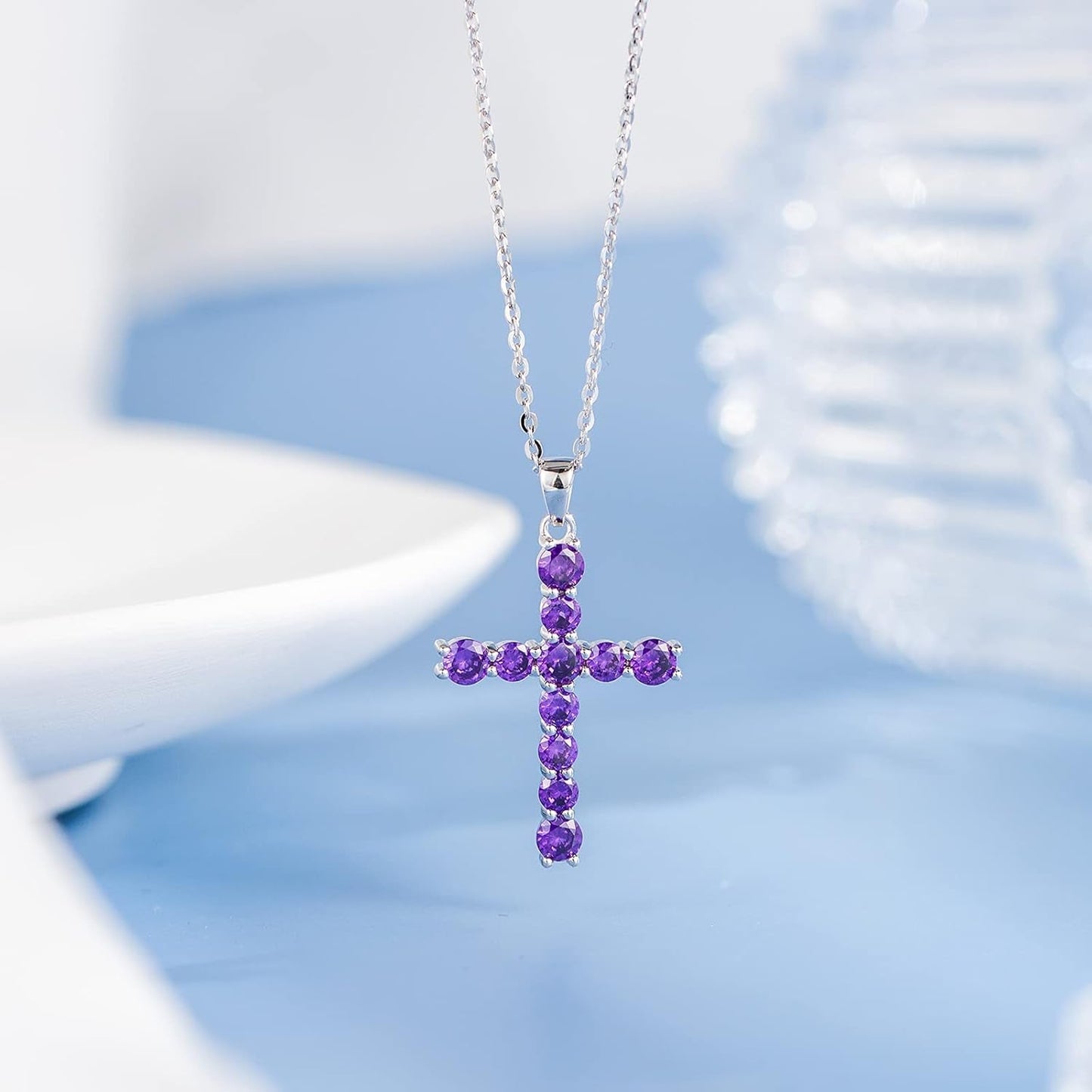 Gemstone Cross Necklace 925 Sterling Silver Created Birthstone Cross Prong Pendant Necklace Faithful Gift Ideas Fine Jewelry for Her Girlfriend Women Girls, 16" + 2" Extender