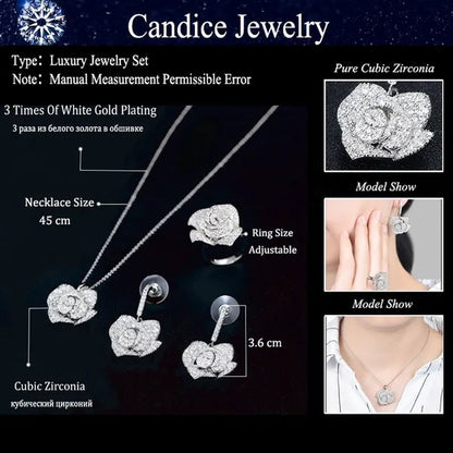 CANDICE Exquisite Banquet Party Jewelry Set for Women White Gold Plated Micro Inlaid AAA CZ Rose Flower Drop Necklace Silver Plated Earrings with Adjustable Ring - WORLD TIME VISITS