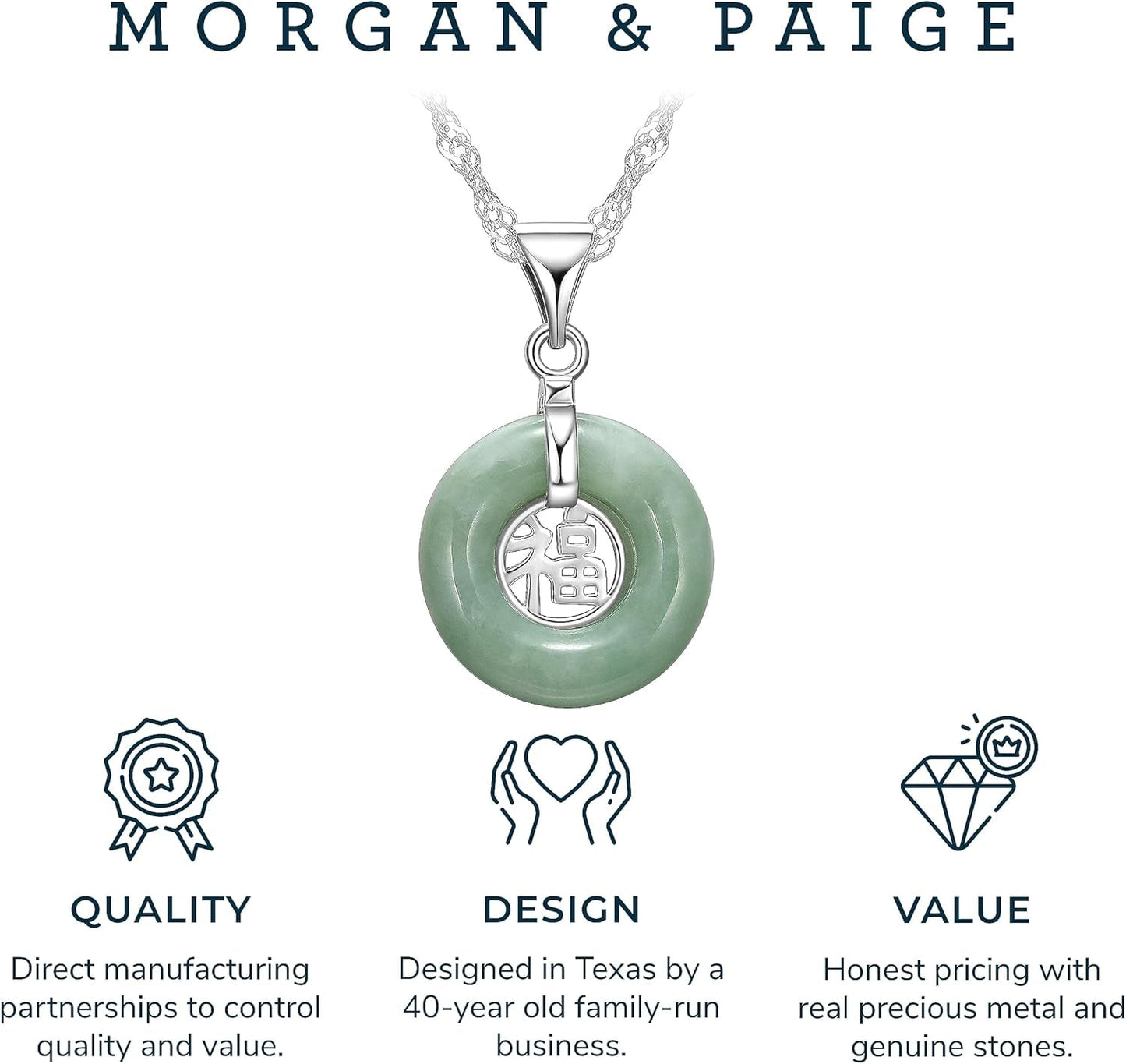 .925 Sterling Silver Rhodium Plated Genuine Jade Necklaces for Women - Green Jade Good Fortune Fu Symbol Dainty and Lightweight Sterling Silver Necklace for Women, 18 Inch