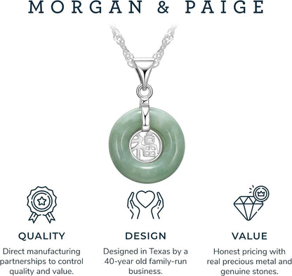 .925 Sterling Silver Rhodium Plated Genuine Jade Necklaces for Women - Green Jade Good Fortune Fu Symbol Dainty and Lightweight Sterling Silver Necklace for Women, 18 Inch