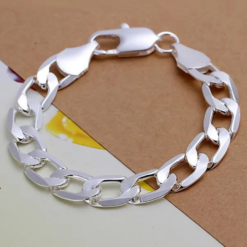 2PCS (Bracelet + Necklace) 925 Sterling Silver Women Men Fashion Jewelry Set Curb Chain Necklace Bracelet 925 Silver Jewelry High Quality Necklace Bracelet 16-30 Inches